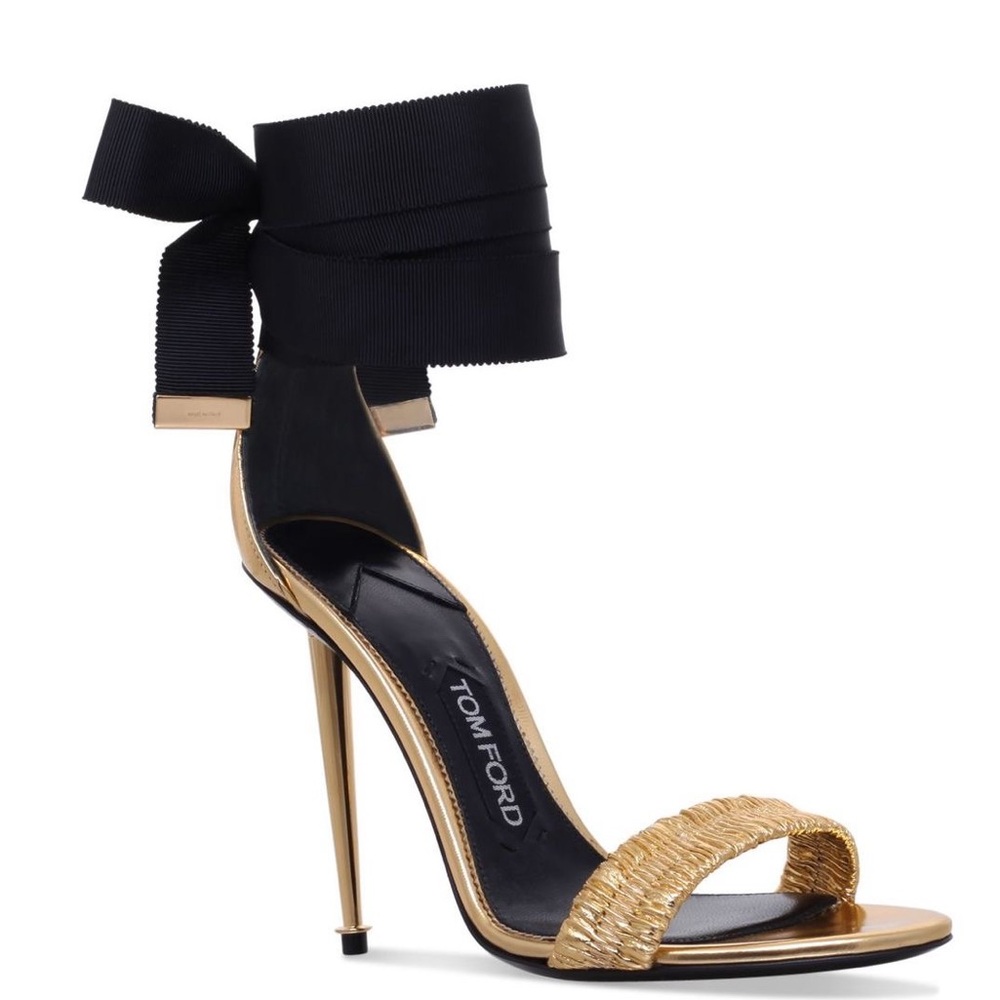 Tom Ford Gold Metallic Leather with Ruched Toe Strap and Heels Wrap Ankle 36.5